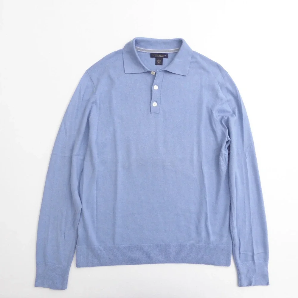 Banana Republic Mens Polo Sweater Blue Silk Cashmere Long Sleeve Large